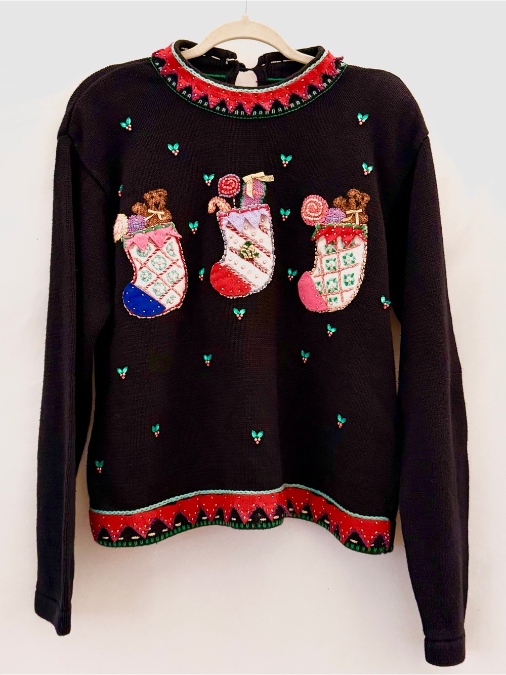 Karen Scott Hand Embroidered Women’s Christmas Sweater Black Size Large